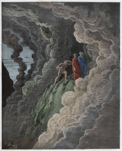 Purgatorio, Canto 16: Marco Lombardo follows the poets through the smoke (illustration from The Divine Comedy) by Gustave after Dore